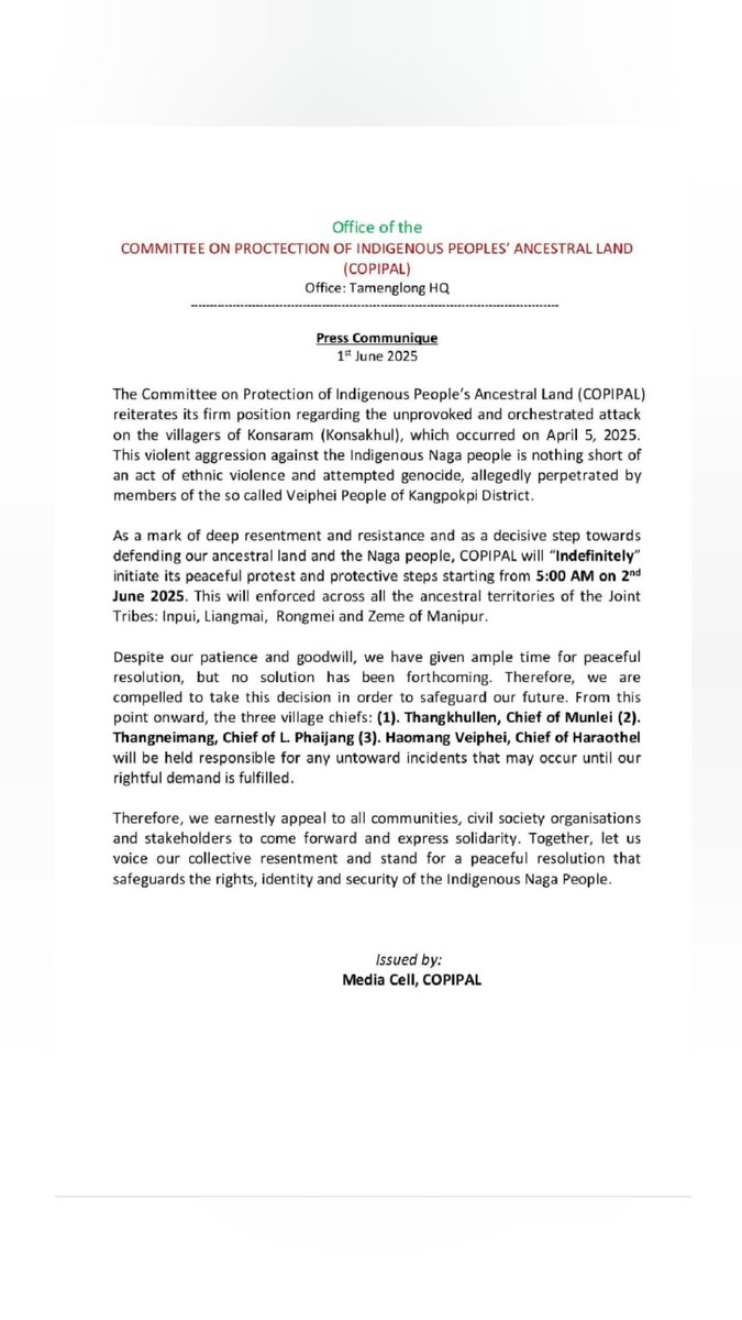 The indefinite protest called by COPIPAL started from  this Morning 5:00 AM .
Any untoward action occurs from this point of time shall be held responsible by three kuki village chiefs : 1.Chief of Munlei 2.Chief of L. Phaijang 3.Chief of Haraothel.