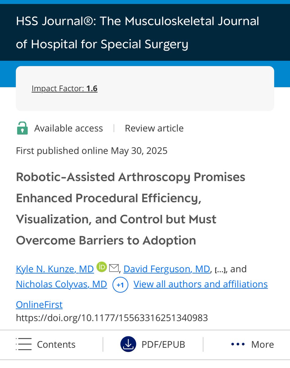 Nicholas Colyvas MD (@drnickcolyvas) on Twitter photo New publication alert ‼️
Thanks particularly to <a href="/KyleKunzeMD/">Kyle N. Kunze, MD</a> as well as co-authors and Ayoosh Pareek, and David Ferguson for this deeper dive into the potential of robotics to transform arthroscopy, as well as the pitfalls.
journals.sagepub.com/eprint/YBZTW3P… New publication alert ‼️
Thanks particularly to <a href="/KyleKunzeMD/">Kyle N. Kunze, MD</a> as well as co-authors and Ayoosh Pareek, and David Ferguson for this deeper dive into the potential of robotics to transform arthroscopy, as well as the pitfalls.
journals.sagepub.com/eprint/YBZTW3P…