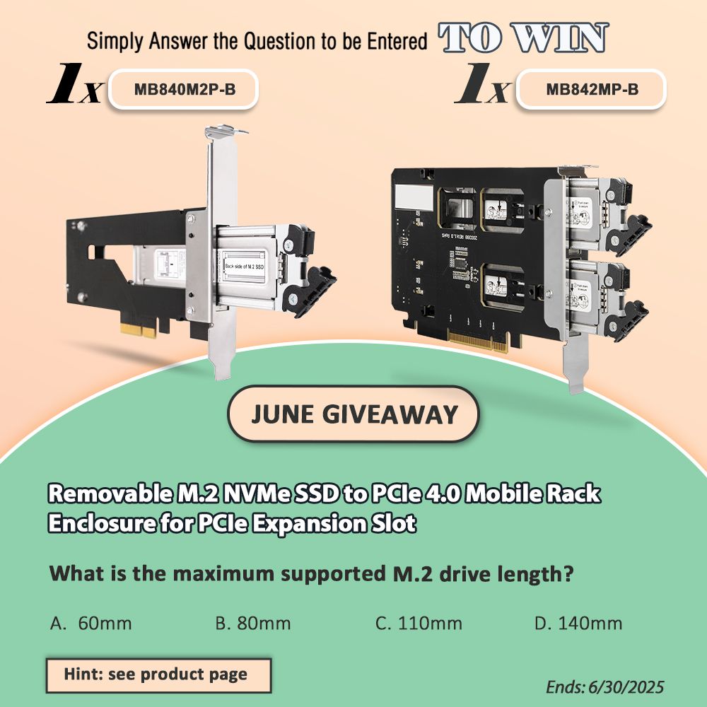 This June, we'll give out MB842MP-B x 1 and MB840M2P-B x 1. 2 Winners! Join <a href="/IcyDockUSA/">Storage Experts</a>'s monthly #giveaways. Answer the question to enter.
💌-global.icydock.com/news/news_1488…
Starts June 1st, at midnight.
Ends June 30th, at midnight.