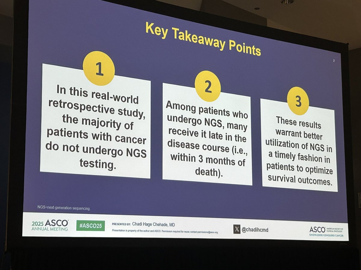 Fumiko Ladd Chino, MD, FASCO (@fumikochino) on Twitter photo "Utilization and timing of first tumor next-generation sequencing testing in patients with five most common cancers in the USA."
A sizeable # of pts either do not undergo NGS or have their 1st NGS very late in the course of disease (i.e. w/in 3 mo of death). #ASCO25 <a href="/chadihcmd/">Chadi Hage Chehade</a> "Utilization and timing of first tumor next-generation sequencing testing in patients with five most common cancers in the USA."
A sizeable # of pts either do not undergo NGS or have their 1st NGS very late in the course of disease (i.e. w/in 3 mo of death). #ASCO25 <a href="/chadihcmd/">Chadi Hage Chehade</a>