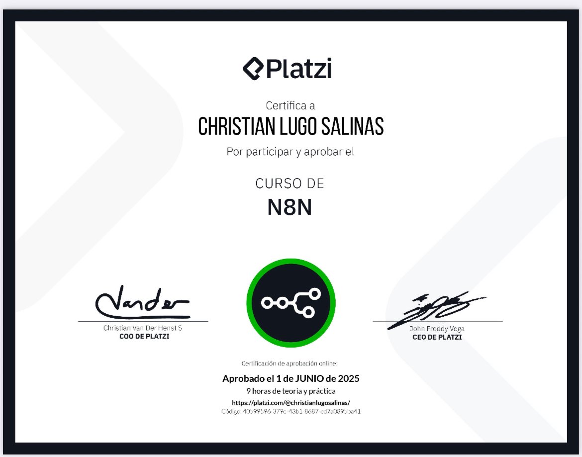 Completé el curso de N8N
<a href="/platzi/">Platzi</a> <a href="/n8n_io/">n8n.io</a>
