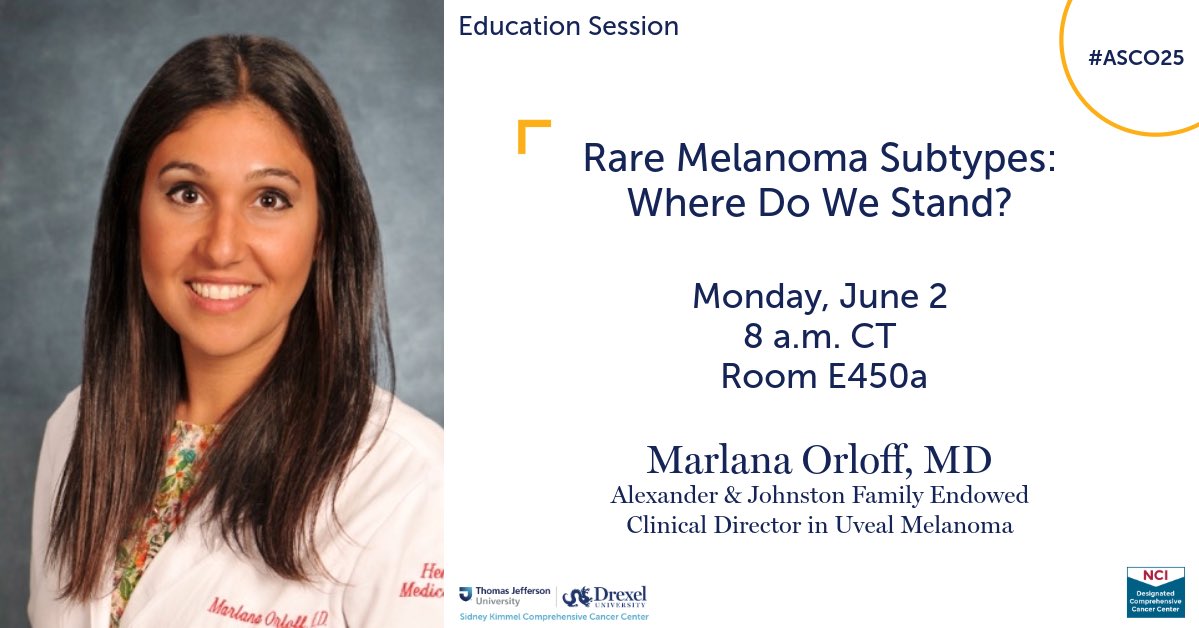 Tomorrow at #ASCO25: Dr. Marlana Orloff is chairing a session outlining the latest developments treating rare #melanoma subtypes &amp; will be leading the discussion on clinical decision-making in #uvealmelanoma in light of new treatment options. More: meetings.asco.org/2025-asco-annu…