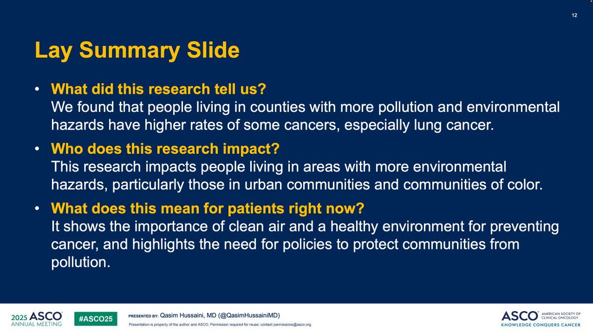 Qasim Hussaini, MD (@qasimhussainimd) on Twitter photo Our oral presentation at #ASCO2025 today: environmental burden isn’t just a health hazard - it’s a cancer risk. Counties with higher pollution burden see more cancer, especially lung cancer. Calls for policy action to address environmental justice. <a href="/ONealCancerUAB/">UAB O'Neal Comprehensive Cancer Center</a> <a href="/azar_mak/">Azar Abadi</a> Our oral presentation at #ASCO2025 today: environmental burden isn’t just a health hazard - it’s a cancer risk. Counties with higher pollution burden see more cancer, especially lung cancer. Calls for policy action to address environmental justice. <a href="/ONealCancerUAB/">UAB O'Neal Comprehensive Cancer Center</a> <a href="/azar_mak/">Azar Abadi</a>