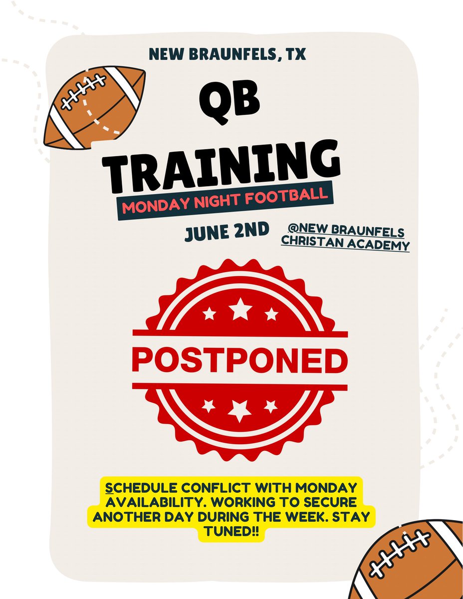 🚨 NEW BRAUNFELS GROUP TRAINING 🚨 

Schedule conflict on Mondays for Group Training. We will postpone this Monday session for YOUTH and HS Groups. 

Working to secure another day during the week to offer QB and WR Training at NBCA!!

STAY TUNED!!!

Go to website in bio and
