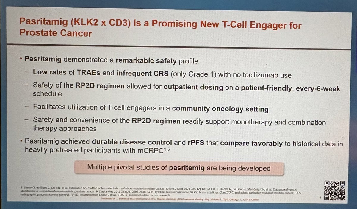 PhI trial of pasritimag (FIH BiTE targeting kallikrein 2) in heavily pretreated #mCRPC (median 4 prior lines) ➡️ MTD not reached. Low rate of CRS (8.9%). ORR 8%, PSA50 42.4%, rPFS 7.85 mos

#ASCO25
<a href="/OncoAlert/">OncoAlert</a>