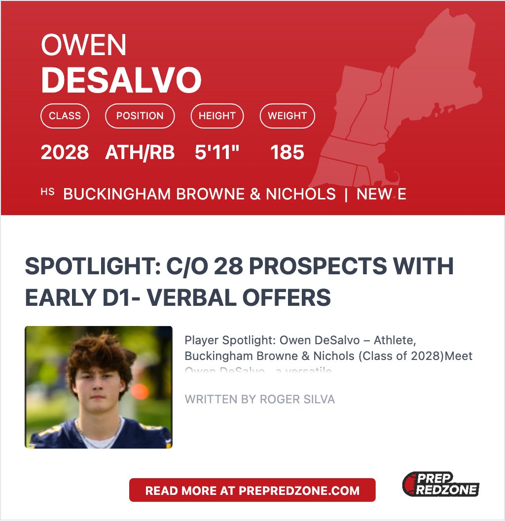 Coach Silva (@scoutingne) on Twitter photo Meet Owen <a href="/owen_desalvo22/">Owen DeSalvo</a> , a versatile athlete and rising star at Buckingham Browne & Nichols in New England! At 5’11” and 185 pounds, Owen has made a name for himself as a starting strong safety since his 8th-grade year, consistently proving himself at the varsity level. His Meet Owen <a href="/owen_desalvo22/">Owen DeSalvo</a> , a versatile athlete and rising star at Buckingham Browne & Nichols in New England! At 5’11” and 185 pounds, Owen has made a name for himself as a starting strong safety since his 8th-grade year, consistently proving himself at the varsity level. His