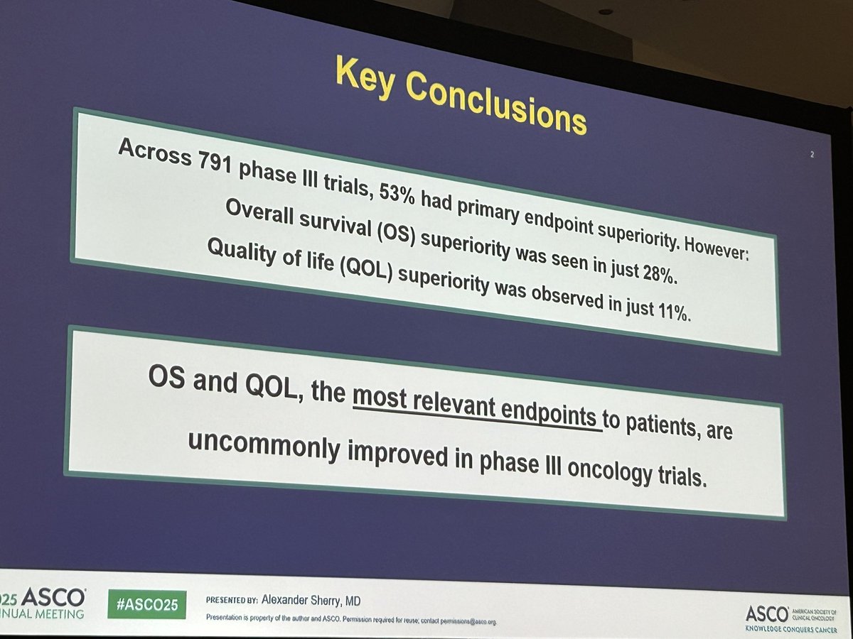 "Overall survival &amp; quality of life superiority in modern phase Ill oncology trials."

Phase Ill onc RCTs are commonly called "positive." But this is usually based on alternative endpoint improvement. Gains in either OS or QOL are uncommon, &amp; exceedingly rare in combo. #ASCO25