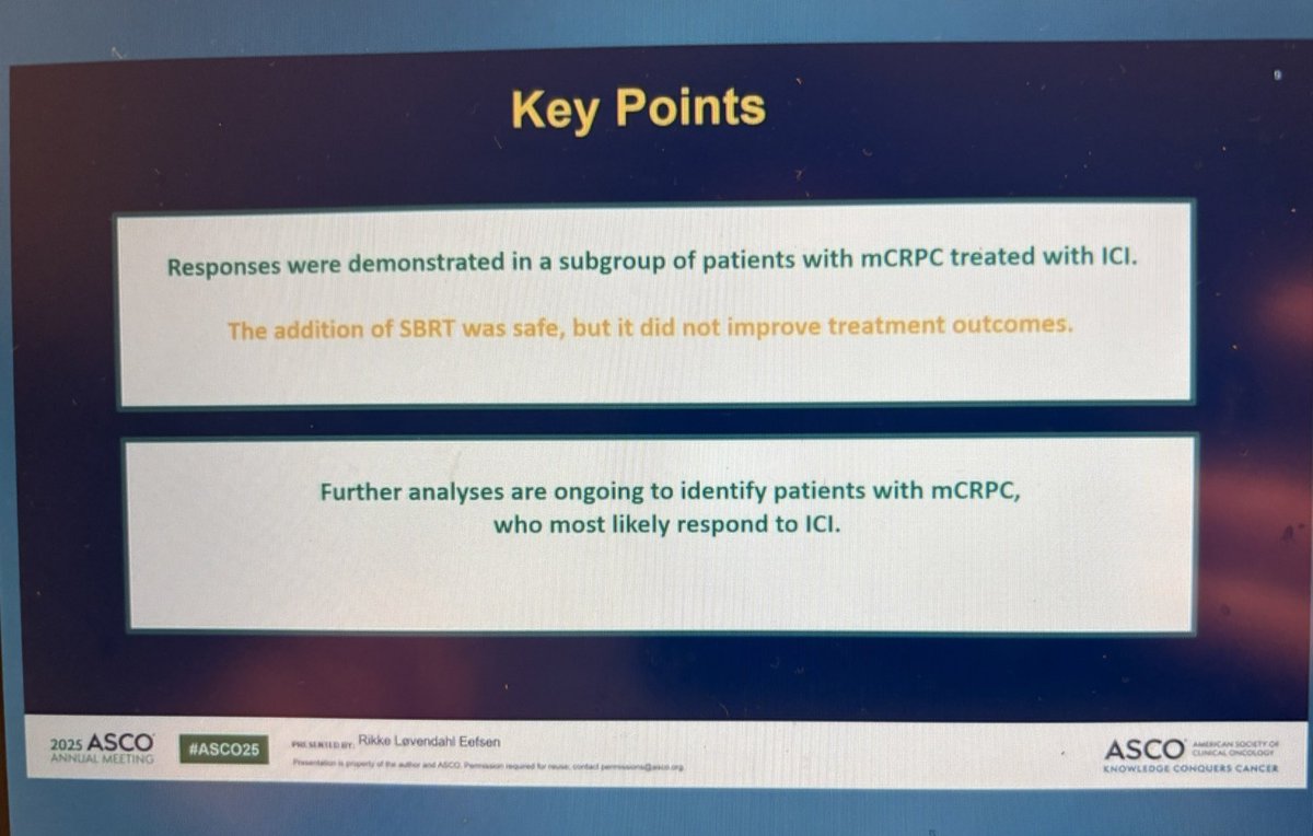 Dr. Eefsen rand PhII CheckPRO trial of nivo/ipi +/- SBRT in pretreated #mCRPC (must have 2 prior lines) ➡️ ORR 16.7% vs  22.2%, no sig diff in rPFS and OS

#ASCO25
<a href="/OncoAlert/">OncoAlert</a>