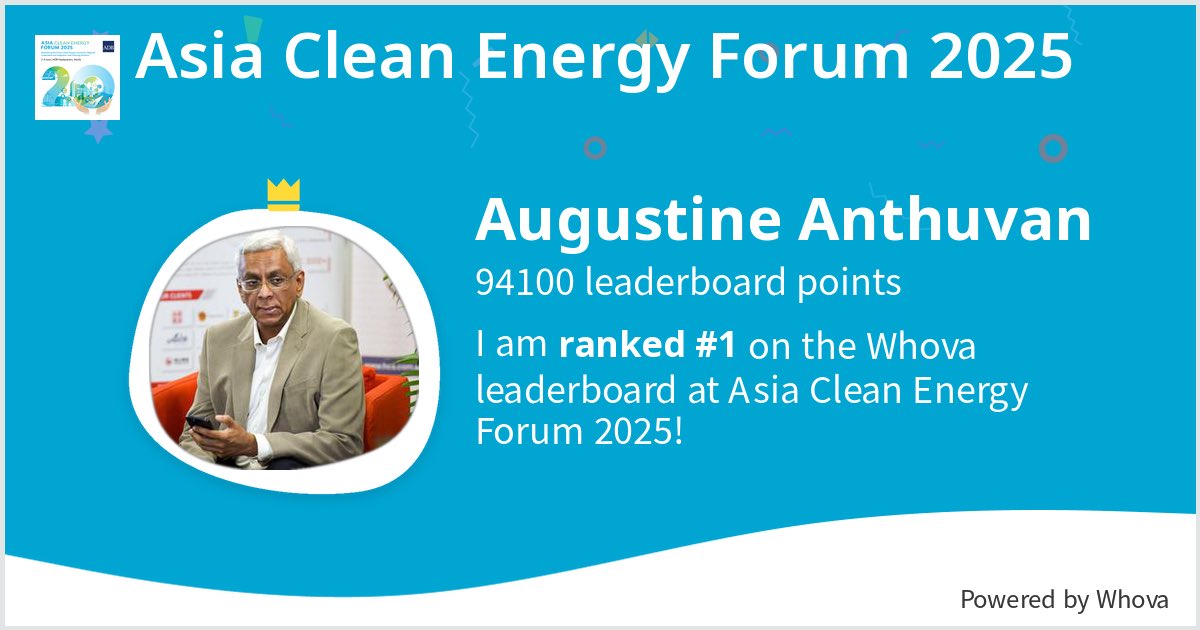 Happy to share I ranked #1 on the Whova leaderboard at Asia Clean Energy Forum 2025!  - via #Whova event app ⁦<a href="/ACEF_Forum/">Asia Clean Energy Forum</a>⁩ #ACEF2025