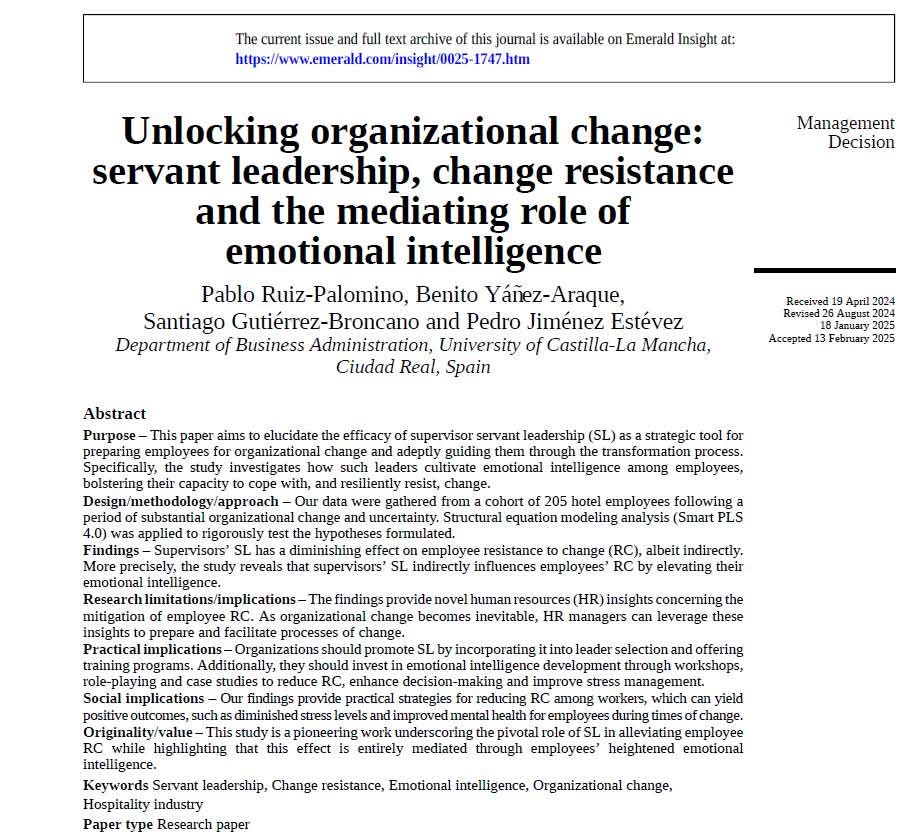 🎉📢 Why do some teams embrace change while others reject it? "Good leaders serve; bad ones fear change."
Our latest article in <a href="/mgt_decision/">Management Decision</a> <a href="/EmeraldGroupHQ/">The Emerald Group</a> IF 4.1, JCR-Q2
📰 Working on news for media outlets emerald.com/insight/conten…