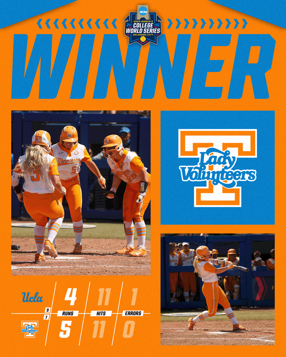 LADY VOLS ON (ROCKY) 🔝 

(7) <a href="/Vol_Softball/">Tennessee Softball</a> defeats (9) UCLA, 5-4 (9 inn.), to advance to the Semifinals!

#WCWS