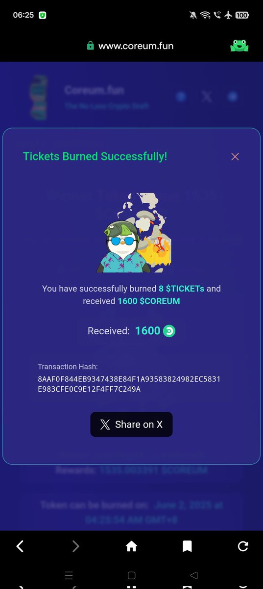 jeromelchor's tweet image. Just burned 8 $TICKETs and received 1,600 $COREUM on @Coreum_dot_fun! 🔥

Check it out: coreum.fun