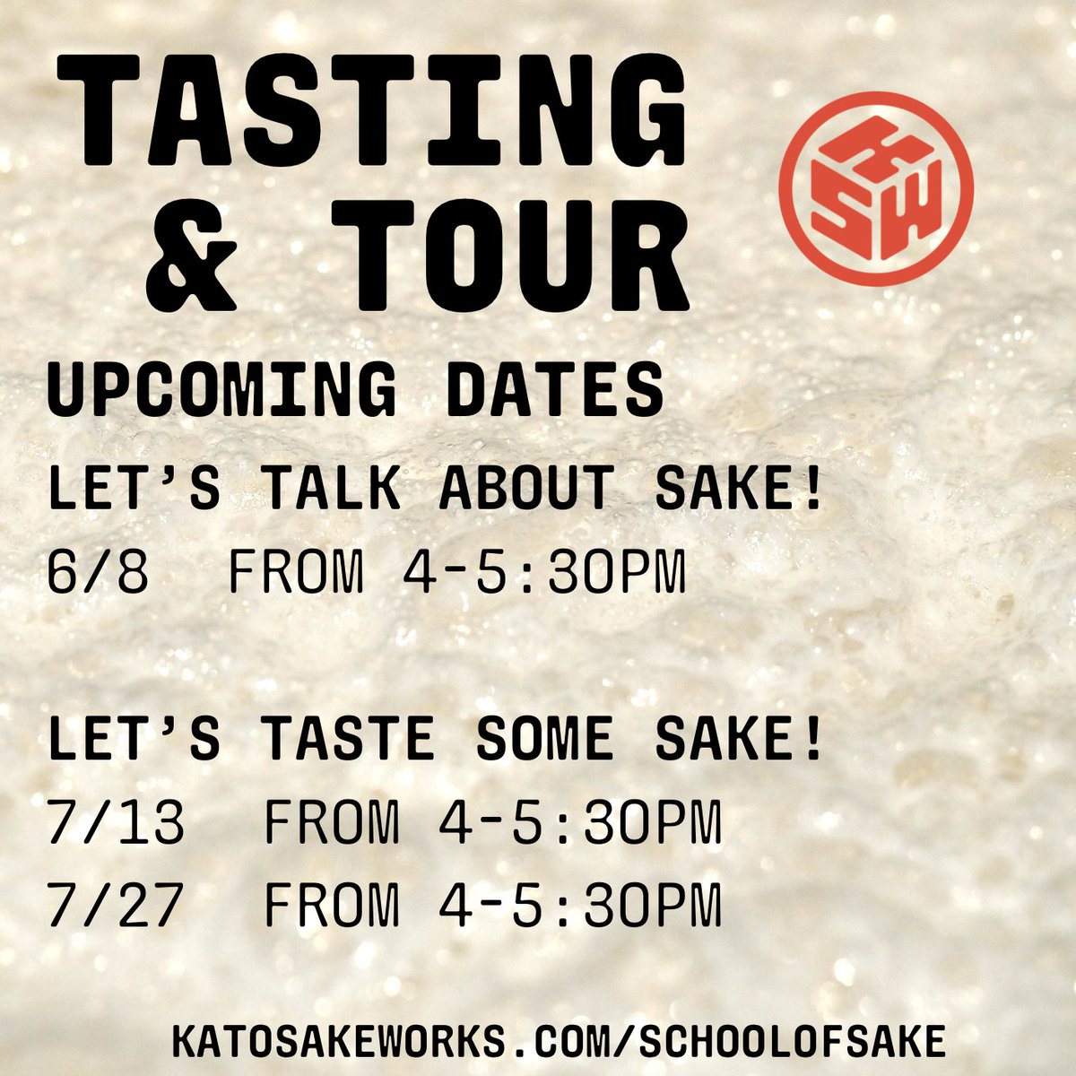Tasting and tour dates are live on our website! Perfect for anyone looking to get into sake, or for seasoned drinkers to chat about and taste some Bushwick-local craft sake right on the production floor. Book your seat now at the link: katosakeworks.com/schoolofsake