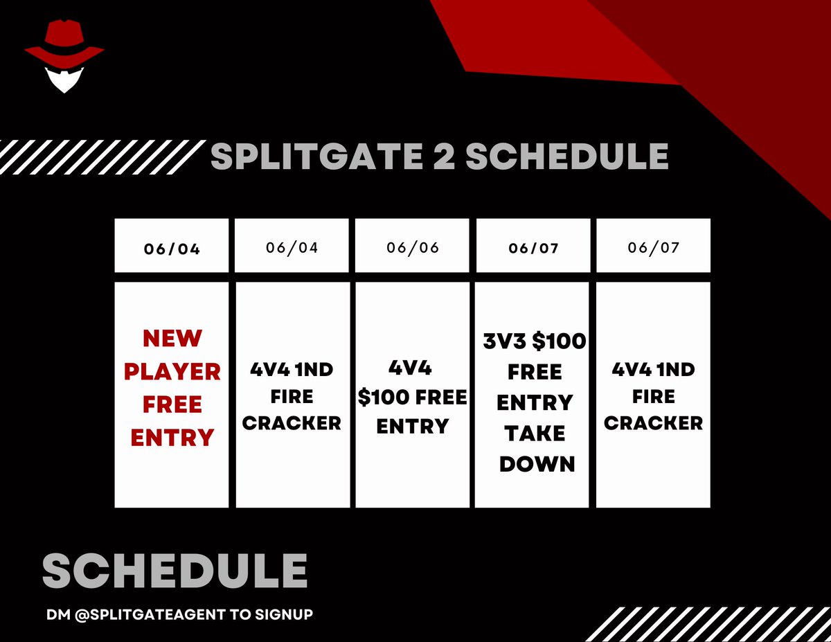 Ballistic Agent - FN (@agentballistic) on Twitter photo Upcoming schedule for this weeks <a href="/Splitgate/">Splitgate 2 - Beta</a> events
New player events, 4v4 late night 1NDs, more free entries + Takedown events
If any sponsors want in on some events shoot us a message⚡️💪 Upcoming schedule for this weeks <a href="/Splitgate/">Splitgate 2 - Beta</a> events
New player events, 4v4 late night 1NDs, more free entries + Takedown events
If any sponsors want in on some events shoot us a message⚡️💪