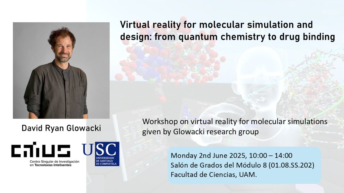 Theoretical Chemistry and Computational Modelling (@em_tccm) on Twitter photo 📣 We are happy to announce the workshop on Virtual Reality for Molecular Simulations by David Glowacki and his group.
🗓 Monday 2nd June 2025, 10:00 - 14:00
🏫 Faculty of Science, <a href="/UAM_Madrid/">UAM Autónoma Madrid</a>
youtube.com/live/SfDIaP8vB… 📣 We are happy to announce the workshop on Virtual Reality for Molecular Simulations by David Glowacki and his group.
🗓 Monday 2nd June 2025, 10:00 - 14:00
🏫 Faculty of Science, <a href="/UAM_Madrid/">UAM Autónoma Madrid</a>
youtube.com/live/SfDIaP8vB…
