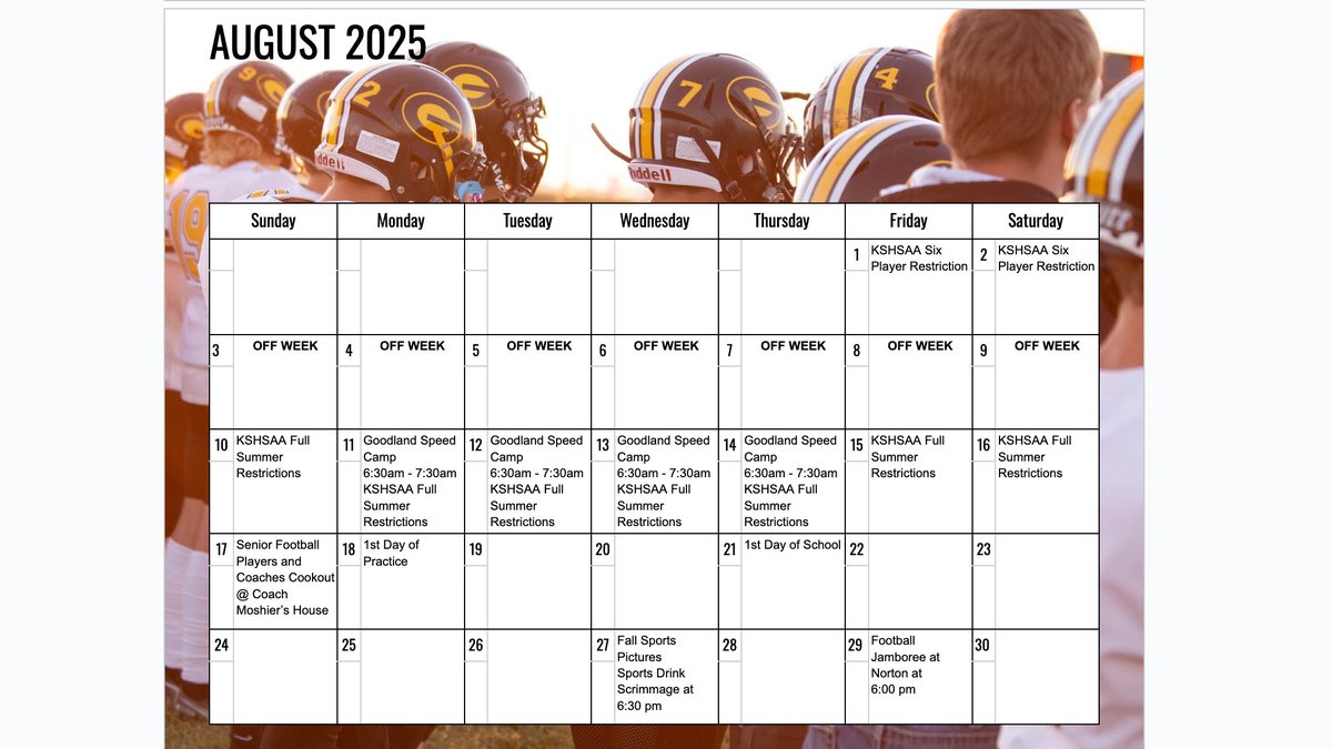 2025 Goodland Football Schedule for Tomorrow
6:00 am HS Boys SPS (Weight Training)
7:15 - 7:50 am Practice Jersey Check Out for Team Camp
Character Education Book Check Out
5:50 pm HS Football Camp (Report Time on the Field)
#LEO #FindAWay #1-0 #PoundtheRock