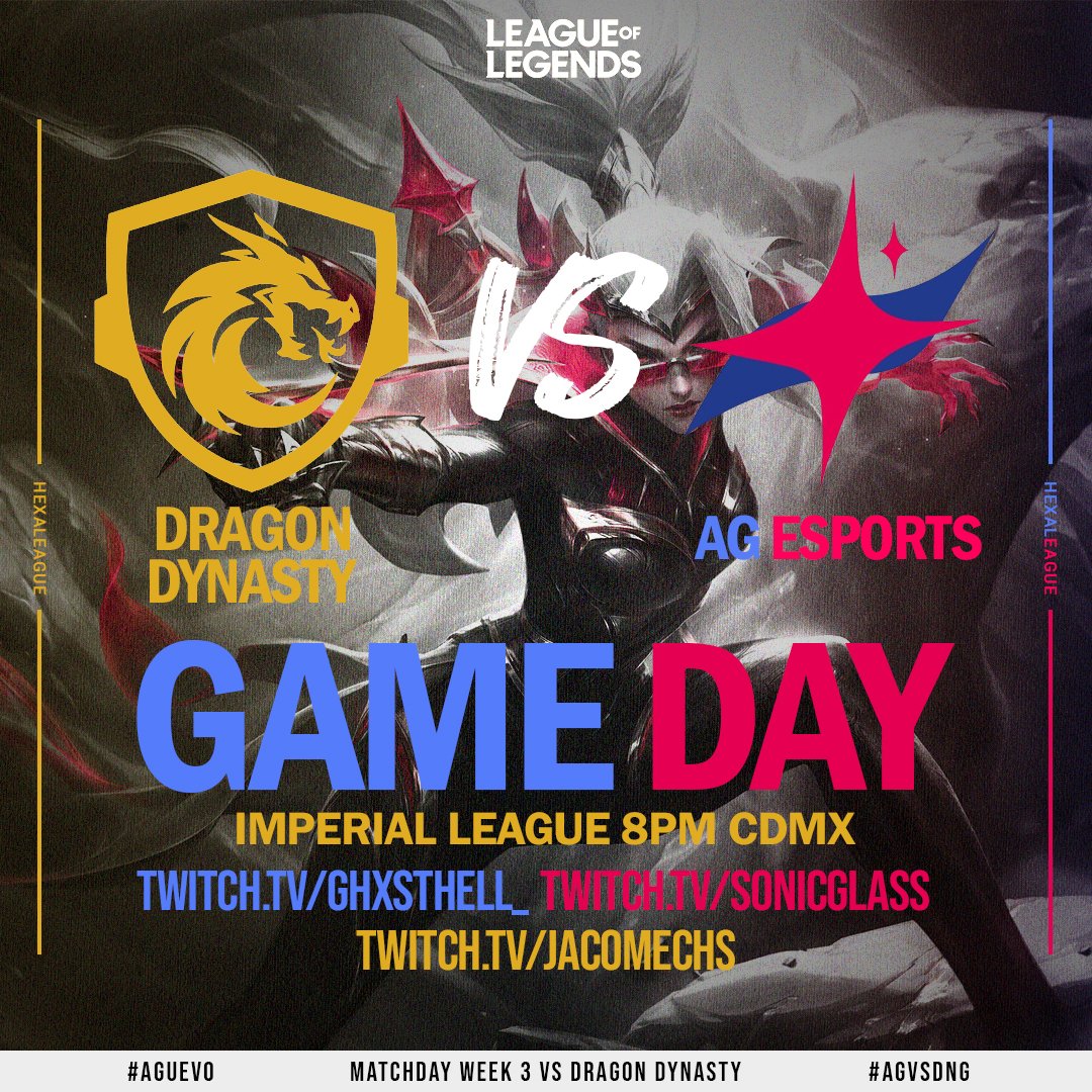 HOY A LAS 8PM CDMX EN LOS CANALES DE <a href="/GlassSonic/">Sonicglass</a> @Ghxsthell_ <a href="/Jacomechs/">ϟJaco</a>  EL PARTIDO DE AG ESPORTS VS <a href="/DragonDynasty10/">Dragon Dynasty</a> POR LA @HexaleagueLatam 

NOS VEMOS AHI 🔥🔵🔴 #AGuevo