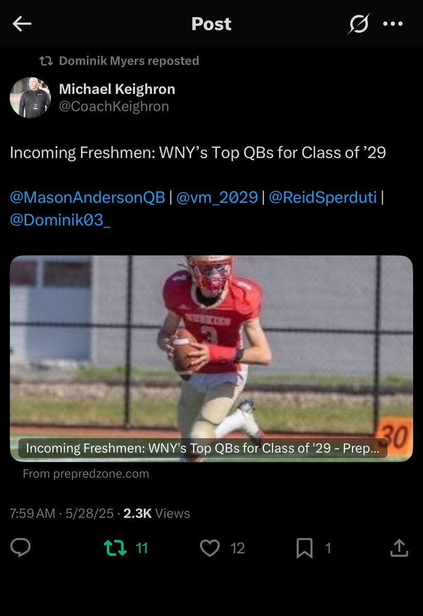 Dominik Myers (@dominik03_) on Twitter photo Thank you <a href="/CoachKeighron/">Michael Keighron</a> from <a href="/PrepRedzoneNY/">Prep Redzone New York</a> for recognizing me as a top incoming freshman. Thank you <a href="/CoachKeighron/">Michael Keighron</a> from <a href="/PrepRedzoneNY/">Prep Redzone New York</a> for recognizing me as a top incoming freshman.