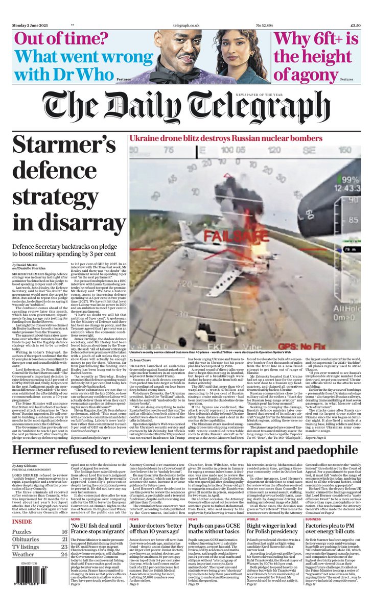 The front page of tomorrow's Daily Telegraph:

'Starmer’s defence strategy in disarray'

#TomorrowsPapersToday