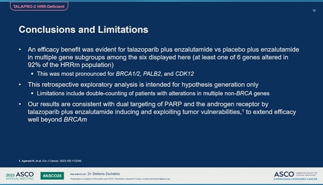 Dra. María Natalia Gandur Quiroga (@nataliagandur) on Twitter photo 🌟🔬 Exploratory HRRm analyses from #TALAPRO2 – #ASCO25
Presented by Dr. Stefanie Zschaebitz🌟
<a href="/OncoAlert/">OncoAlert</a> <a href="/APCCC_Lugano/">Advanced Prostate Cancer Consensus Conference</a> <a href="/Silke_Gillessen/">silke gillessen</a> <a href="/AOmlin/">aurelius omlin</a>
TALA + ENZA improved outcomes vs ENZA + PBO in mCRPC with HRRm, especially in BRCA/ATM/CDK12:
🧬 BRCA2:
▪️ ORR: 86.4% vs 31.0%
▪️ 🌟🔬 Exploratory HRRm analyses from #TALAPRO2 – #ASCO25
Presented by Dr. Stefanie Zschaebitz🌟
<a href="/OncoAlert/">OncoAlert</a> <a href="/APCCC_Lugano/">Advanced Prostate Cancer Consensus Conference</a> <a href="/Silke_Gillessen/">silke gillessen</a> <a href="/AOmlin/">aurelius omlin</a>
TALA + ENZA improved outcomes vs ENZA + PBO in mCRPC with HRRm, especially in BRCA/ATM/CDK12:
🧬 BRCA2:
▪️ ORR: 86.4% vs 31.0%
▪️