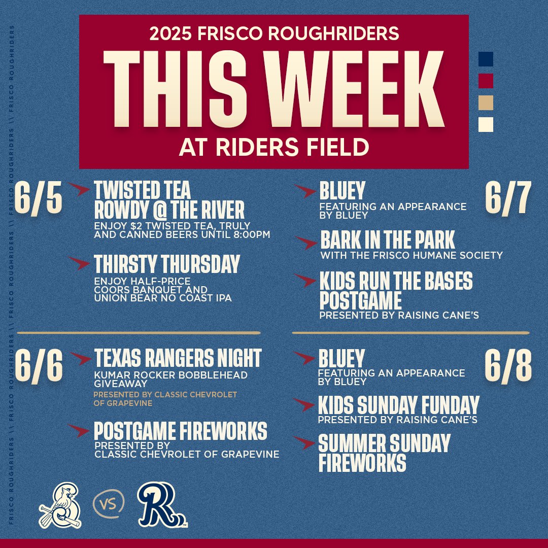 Frisco RoughRiders (@ridersbaseball) on Twitter photo On tap this week:
π» $2 drink specials at Rowdy @ The River
βΎοΈ A bobblehead giveaway for <a href="/Rangers/">Texas Rangers</a> Night
πΎ Bring your pup to the game for Bark in the Park
π 2 nights of postgame fireworks
π atmilb.com/3Sw7Ylm On tap this week:
π» $2 drink specials at Rowdy @ The River
βΎοΈ A bobblehead giveaway for <a href="/Rangers/">Texas Rangers</a> Night
πΎ Bring your pup to the game for Bark in the Park
π 2 nights of postgame fireworks
π atmilb.com/3Sw7Ylm