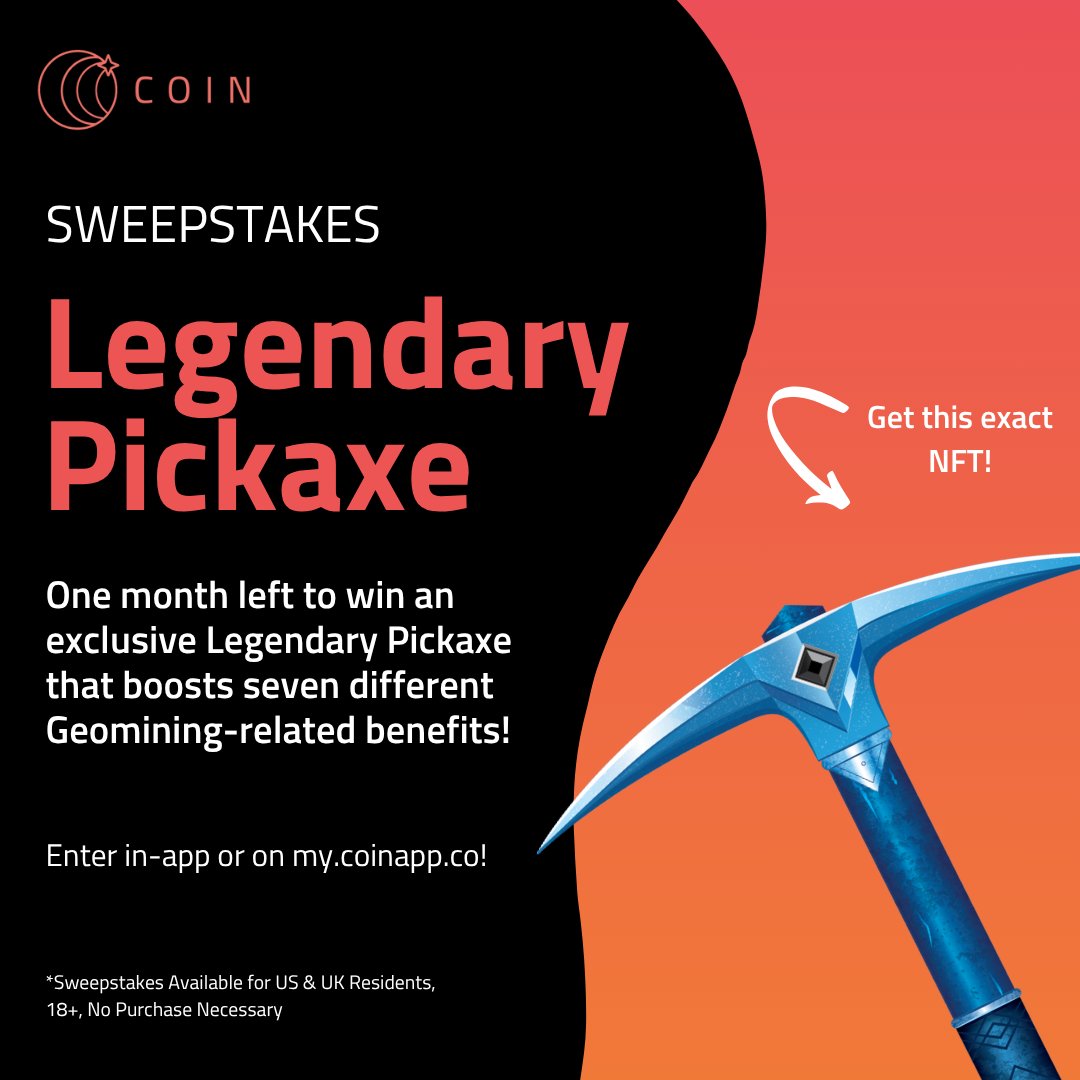 ⛏️⁠ Win a Legendary Pickaxe! 
⁠
The Legendary Pickaxe supercharges your Geomining with epic boosts that can seriously level up your rewards.⁠
⁠
🚀 Grab entries at up to 75% off when you buy in bulk! 
⁠
Link below to enter before time runs out! 

my.coinapp.co/applink/sweeps…