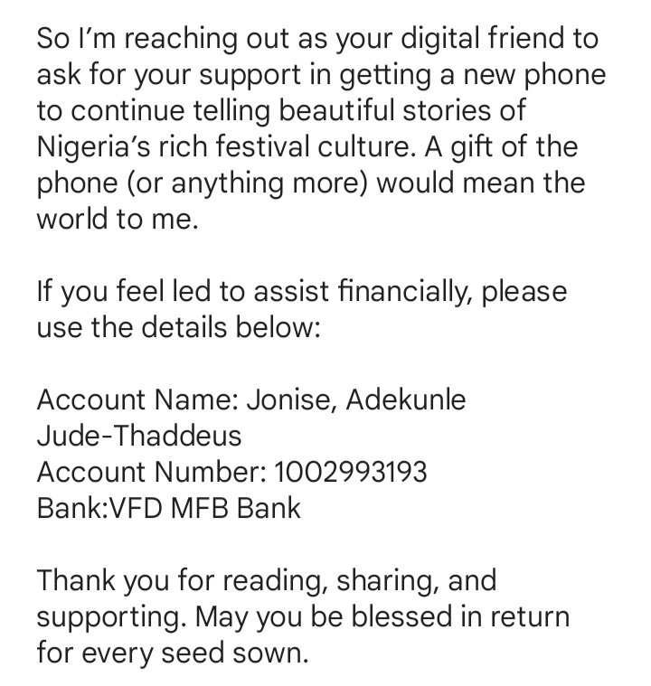 JỌJÚADẸ́ 👑 💎 (@kunlejonise) on Twitter photo DEAR FRIENDS,
KINDLY READ THIS 🙏
CC: <a href="/NaijaFestivals/">NIGERIA FESTIVALS</a>
To assist financially, please use the details below:
Account Number: 1002993193
Bank:VFD MFB Bank.
Account Name: Jonise, Adekunle Jude-Thaddeus. DEAR FRIENDS,
KINDLY READ THIS 🙏
CC: <a href="/NaijaFestivals/">NIGERIA FESTIVALS</a>
To assist financially, please use the details below:
Account Number: 1002993193
Bank:VFD MFB Bank.
Account Name: Jonise, Adekunle Jude-Thaddeus.