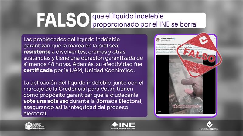 🚨FALSO | El líquido indeleble que se aplica 👍🏼 a la ciudadanía después de votar cuenta con medidas de seguridad que garantizan que no pueda ser borrado este mismo día. Con estas acciones, el <a href="/INEMexico/">@INEMexico</a> asegura el derecho al voto de las y los ciudadanos y la integridad del