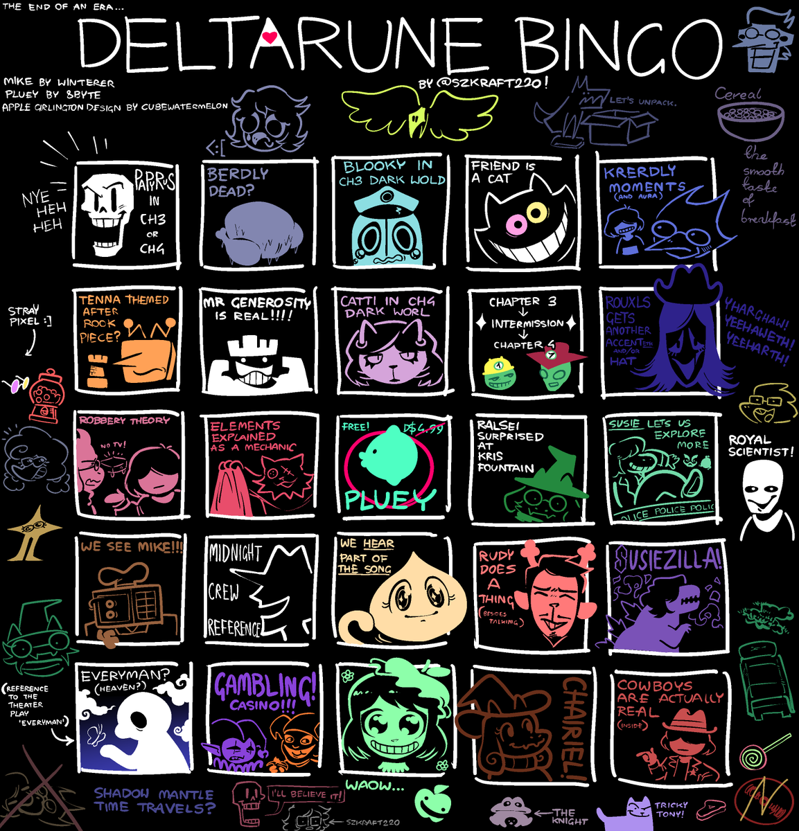 szkraft220's tweet photo. OUR DELTARUNE CHAPTERS 3 AND 4 BINGO CARD IS COMPLETE! thanks for joining the stream it was a ton of fun
and have fun parsing through this if you havent seen it, there is.. a lot here.

#DELTARUNE #deltarunetomorrow #Deltarunejune4th https://t.co/n3CwniFQbC