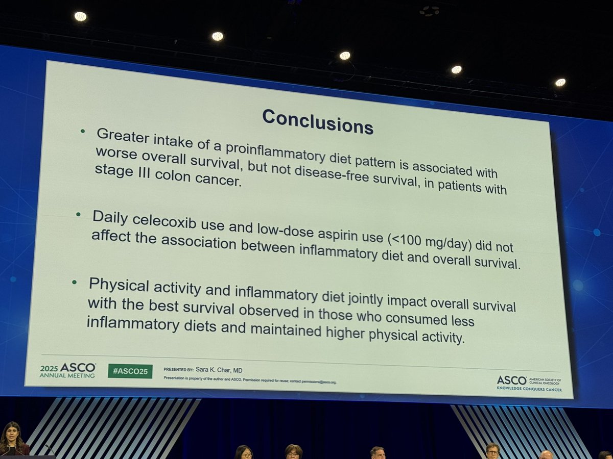 Hedyeh Ebrahimi (@ebrahimihedyeh) on Twitter photo 🥗 Powerful diet-focused study at #ASCO25 presented by <a href="/SaraKCharMD/">Sara Khosrowjerdi Char, MD</a> from CALGB/SWOG 80702:
🔹 Proinflammatory diet linked to worse OS in stage III colon cancer
🔹 Best outcomes in patients with high physical activity and anti-inflammatory diet
🔹 NSAIDs didn’t alter the 🥗 Powerful diet-focused study at #ASCO25 presented by <a href="/SaraKCharMD/">Sara Khosrowjerdi Char, MD</a> from CALGB/SWOG 80702:
🔹 Proinflammatory diet linked to worse OS in stage III colon cancer
🔹 Best outcomes in patients with high physical activity and anti-inflammatory diet
🔹 NSAIDs didn’t alter the
