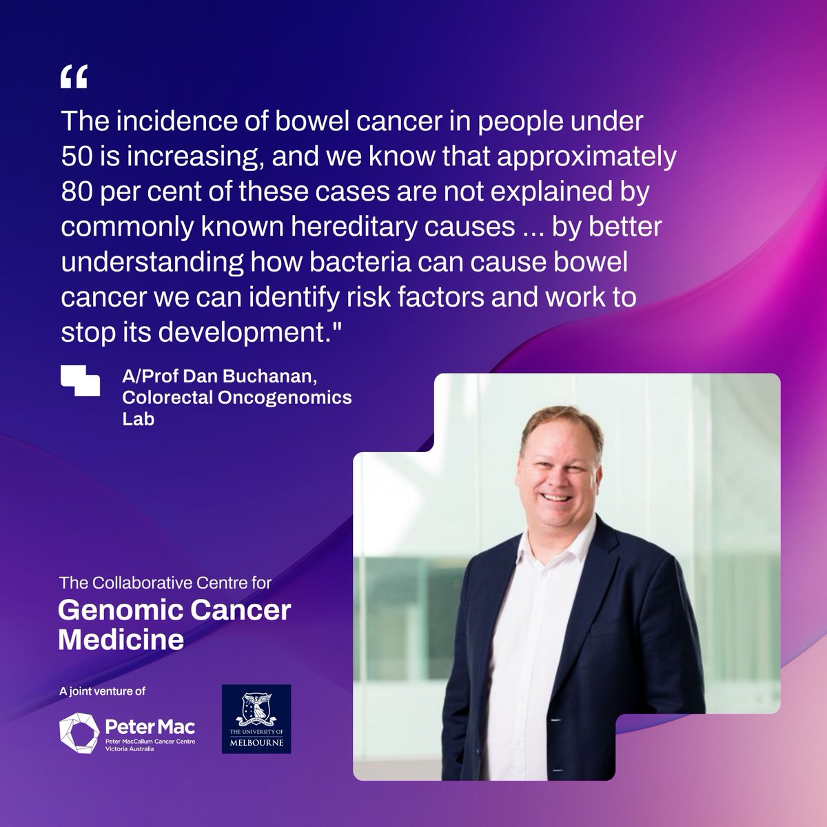 Collaborative Centre for Genomic Cancer Medicine (@gencancercentre) on Twitter photo June is #BowelCancerAwarenessMonth. A/Prof Dan Buchanan leads our Colorectal Oncogenomics Group, conducting important research that explores the ways in which gut bacteria can cause early-onset bowel cancer.
Read more:➡️genomic-cancer-medicine.unimelb.edu.au/news-and-event…
<a href="/CancerCouncilOz/">CancerCouncilOz</a> <a href="/BowelCancerAust/">BowelCancerAustralia</a> June is #BowelCancerAwarenessMonth. A/Prof Dan Buchanan leads our Colorectal Oncogenomics Group, conducting important research that explores the ways in which gut bacteria can cause early-onset bowel cancer.
Read more:➡️genomic-cancer-medicine.unimelb.edu.au/news-and-event…
<a href="/CancerCouncilOz/">CancerCouncilOz</a> <a href="/BowelCancerAust/">BowelCancerAustralia</a>