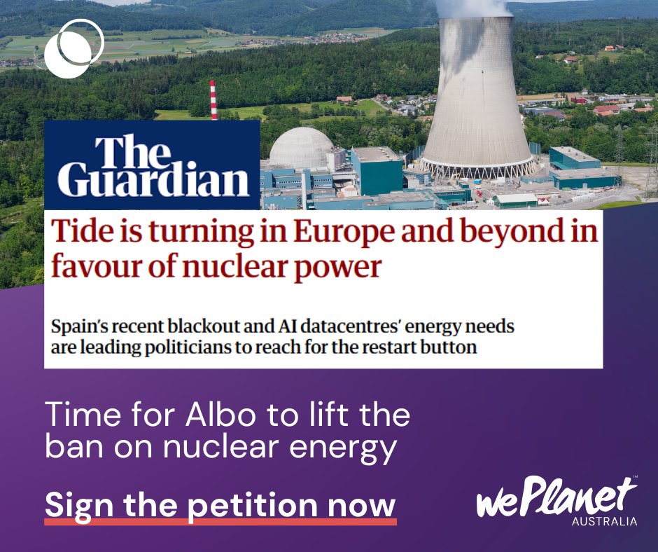 The world is going nuclear and Australia risks being left behind! 

Sign the petition calling on <a href="/AlboMP/">Anthony Albanese</a> to lift the ban on nuclear energy: act.weplanet.org/overturn-austr…

Politicians across Europe and beyond are pivoting toward restarting reactors, life extensions, and building new