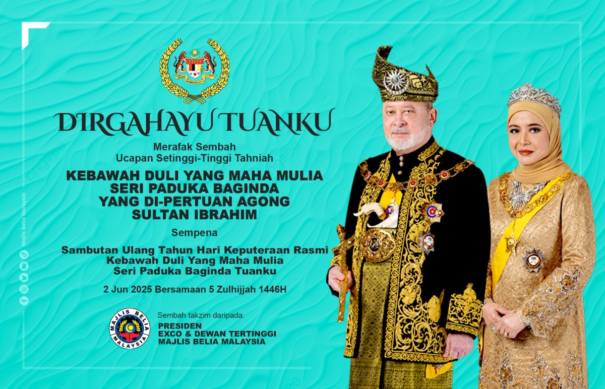 Dirgahayu Tuanku

Merafak sembah dan setinggi-tinggi ucapan tahniah sempena Sambutan Ulang Tahun Hari Keputeraan Rasmi Kebawah Duli Yang Maha Mulia Seri Paduka Baginda Yang di-Pertuan Agong Sultan Ibrahim pada 2 Jun 2025 bersamaan 5 Zulhijjah 1446H.