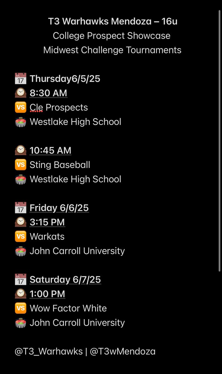 T3 Warhawks Mendoza - 16u (@t3wmendoza) on Twitter photo 🚨🚨Opening Week🚨🚨
Excited to get back on the field with this team. Schedule for weekend 1 below.
In It Together ⚾️
Starting arms announced soon. Eyes forward. Job to do.
<a href="/T3_Warhawks/">T3 Warhawks</a> | <a href="/T3Warhawks_Rua/">@T3Warhawks_Rua</a> 🚨🚨Opening Week🚨🚨
Excited to get back on the field with this team. Schedule for weekend 1 below.
In It Together ⚾️
Starting arms announced soon. Eyes forward. Job to do.
<a href="/T3_Warhawks/">T3 Warhawks</a> | <a href="/T3Warhawks_Rua/">@T3Warhawks_Rua</a>