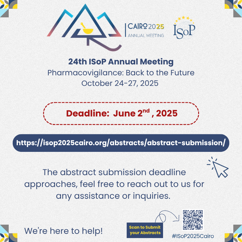 🚨 Last Chance to Submit Your Abstracts! 🚨

🕒Today is the final day to submit your abstract for #ISoP2025Cairo — don’t miss your opportunity to present your work at the premier global conference on #pharmacovigilance.

📩 Submit now: isop2025cairo.org/abstracts/abst…

<a href="/ISoPonline/">ISoP</a>