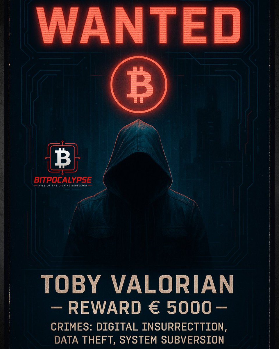 Thebitpocalypse's tweet image. 🚨 WANTED: TOBY VALORIAN 🚨
Crimes: Digital Insurrection. Data Theft. System Subversion.
He didn’t start the war… but he just might finish it. 💥
👁‍🗨 Watch the trailer
🎯 Join the rebellion before it’s too late.
➡️ thebitpocalypse.com 
#Bitpocalypse #scifibooks #BTC #Crypto