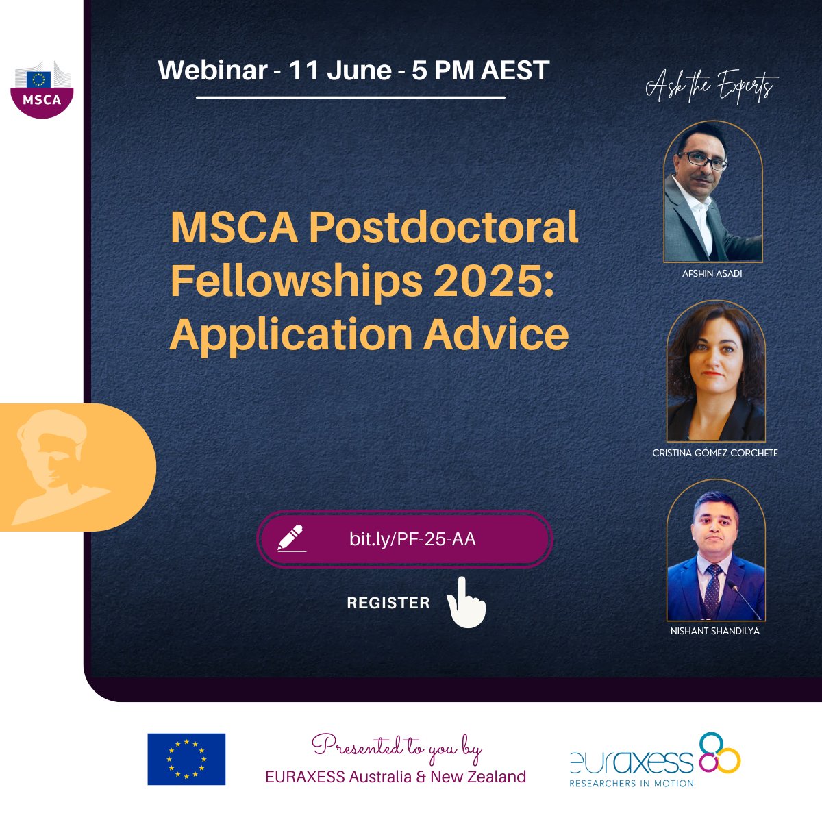 🆕📣 WEBINAR: You are invited! Register at bit.ly/PF-25-AA to join our free webinar on Marie Skłodowska-Curie Actions Postdoctoral Fellowships 2025: Application Advice.

Hear from experts on how to put together a strong proposal, with details on:

🔹 Understanding the