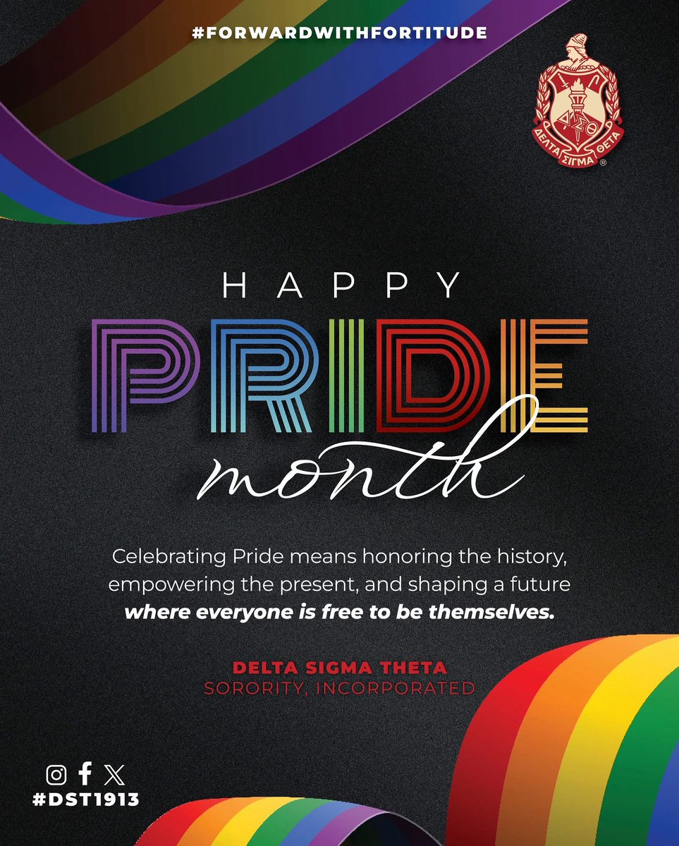PWCACDST's tweet photo. Happy Pride Month! 

Celebrating Pride means honoring the history, empowering the present, and shaping a future where everyone is free to be themselves. 

Delta Sigma Theta Sorority, Incorporated stands in solidarity with the LGBTQ+ community. 

#DST1913 #ForwardWithFortitude https://t.co/1fbZREXwVr