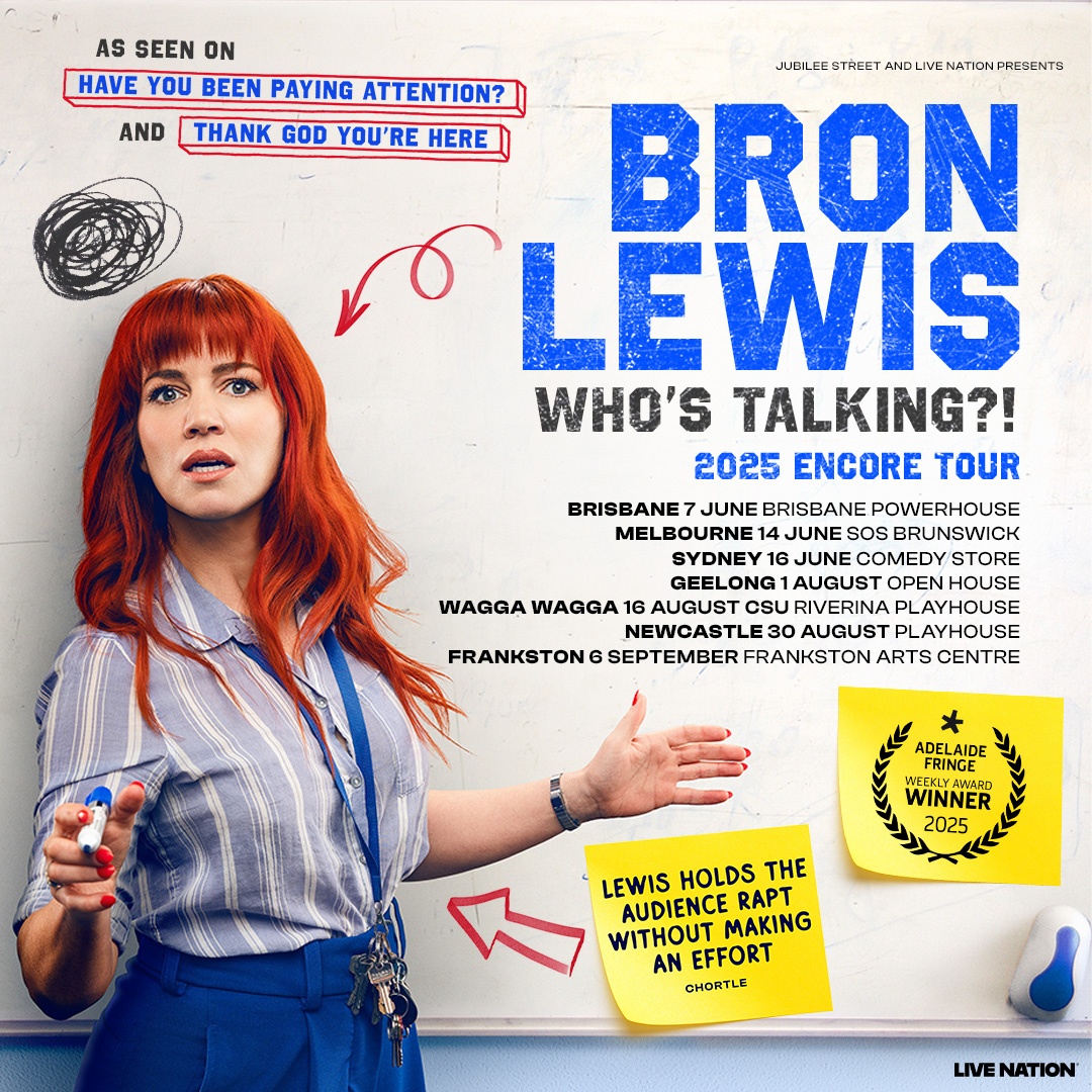 Bron Lewis encores her hit Who’s Talking? Tour, bringing the laughs to Brisbane, Melbourne, Sydney Geelong, Wagga Wagga, Newcastle and Frankston June - September 👏
⁠
Live Nation Presale: Tue 3 June, 10am (local)
⁠Register for presale tickets → lvntn.com/BronLewis25