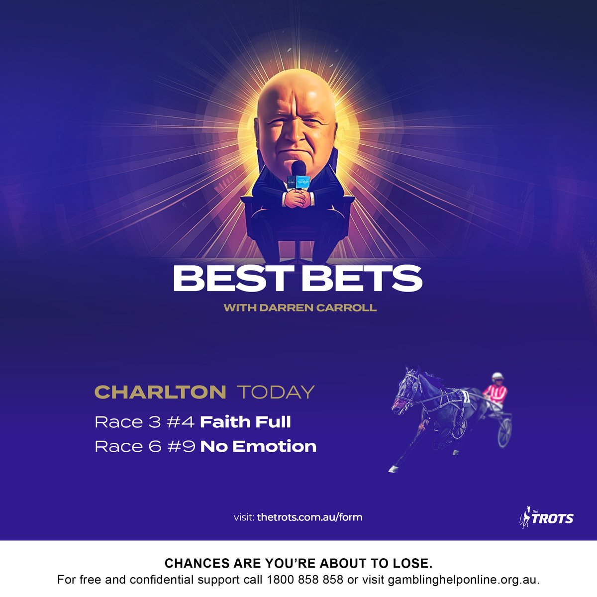The Trots (@thetrotscomau) on Twitter photo The harness racing week kicks off at Charlton this afternoon and <a href="/darrenc59/">Darren Carroll</a> fancies runners in races three and six. The harness racing week kicks off at Charlton this afternoon and <a href="/darrenc59/">Darren Carroll</a> fancies runners in races three and six.