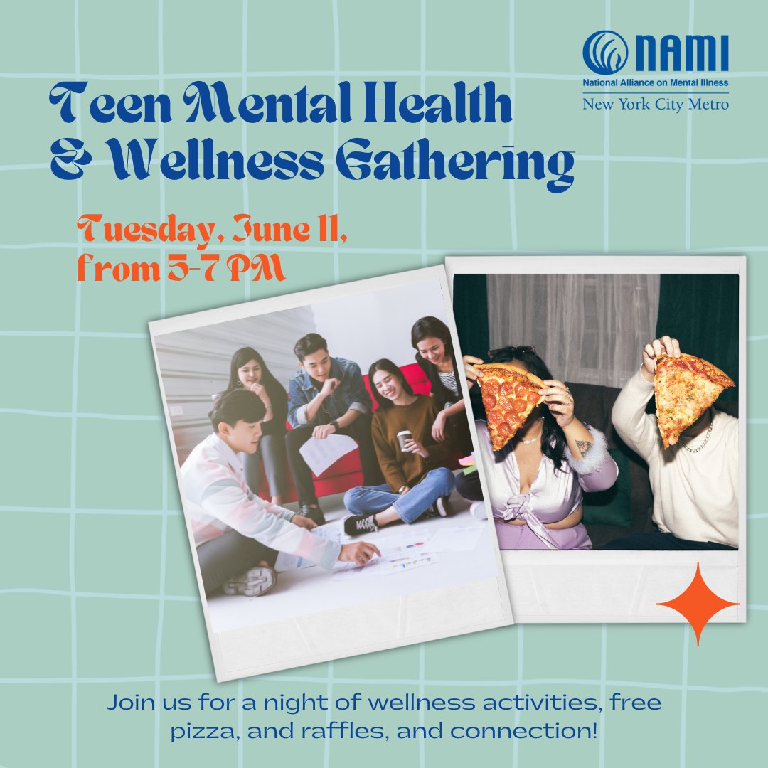 Want to connect with other teens who care about mental health? 💚 Come to NAMI-NYC’s Teen Wellness Gathering, Wed, June 11, 5-7PM, Manhattan! Free food &amp; wellness activities. RSVP: bit.ly/3FukBdx