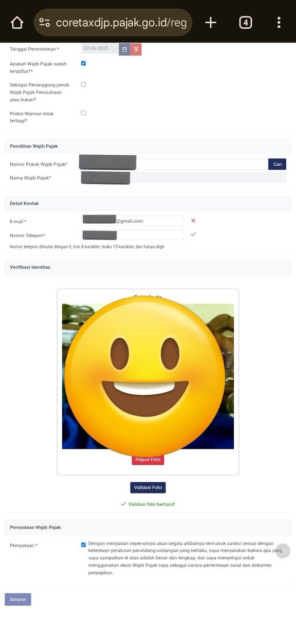 pinkbunsso's tweet photo. @kring_pajak min saya mau aktivasi akun wajib pajak. tapi saat menuliskan email terdapat tanda silang yg mengakibatkan saya tdk bisa lanjut ke tahap selanjutnya. padahal email yg saya tuliskan sudah sesuai. mohon solusinya. https://t.co/pJ4w6YTcs7