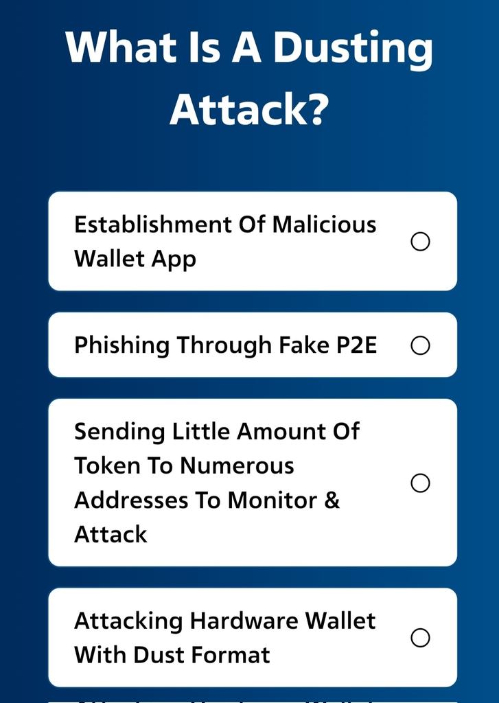 💡 Need a clue on today's quiz?

Cryptocurrency wallet providers and users can implement systems to monitor incoming transactions for unusually small amounts of cryptocurrency.

Learn more: spurprotocol.com/post/what-is-a…
