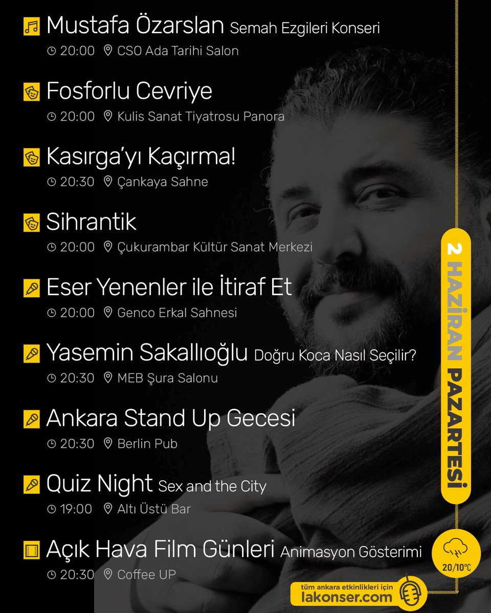 2 HAZİRAN #PAZARTESİ Ankara etkinliklerinden öne çıkanlar 🎙️ Duymasını istediğin arkadaşına yollamayı unutma! Tüm etkinlikler için lakonser.com

Olası değişiklikler için etkinlik günü ilgili mekanın sosyal medya hesaplarını kontrol edebilirsiniz.