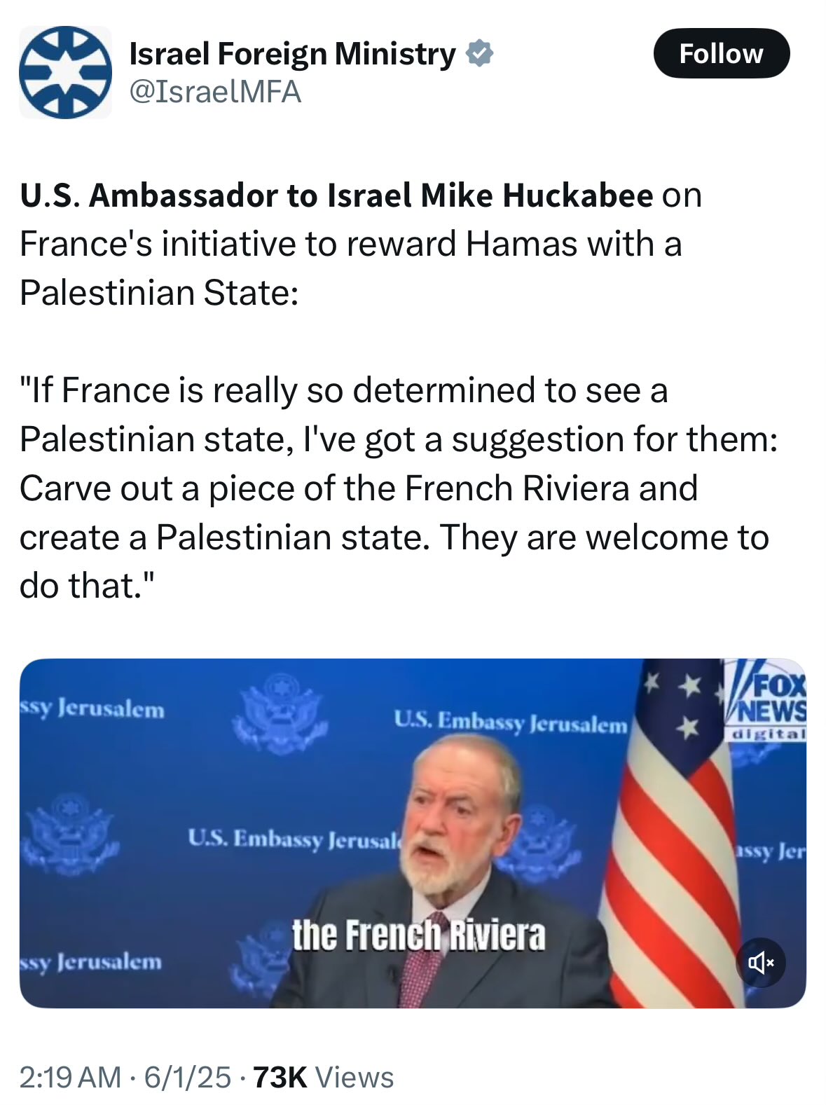 Adil Haque on X: "What's not funny is that the U.S. Ambassador to Israel thinks that Gaza, the West Bank, and East Jerusalem are part of Israel (just as the French Riviera