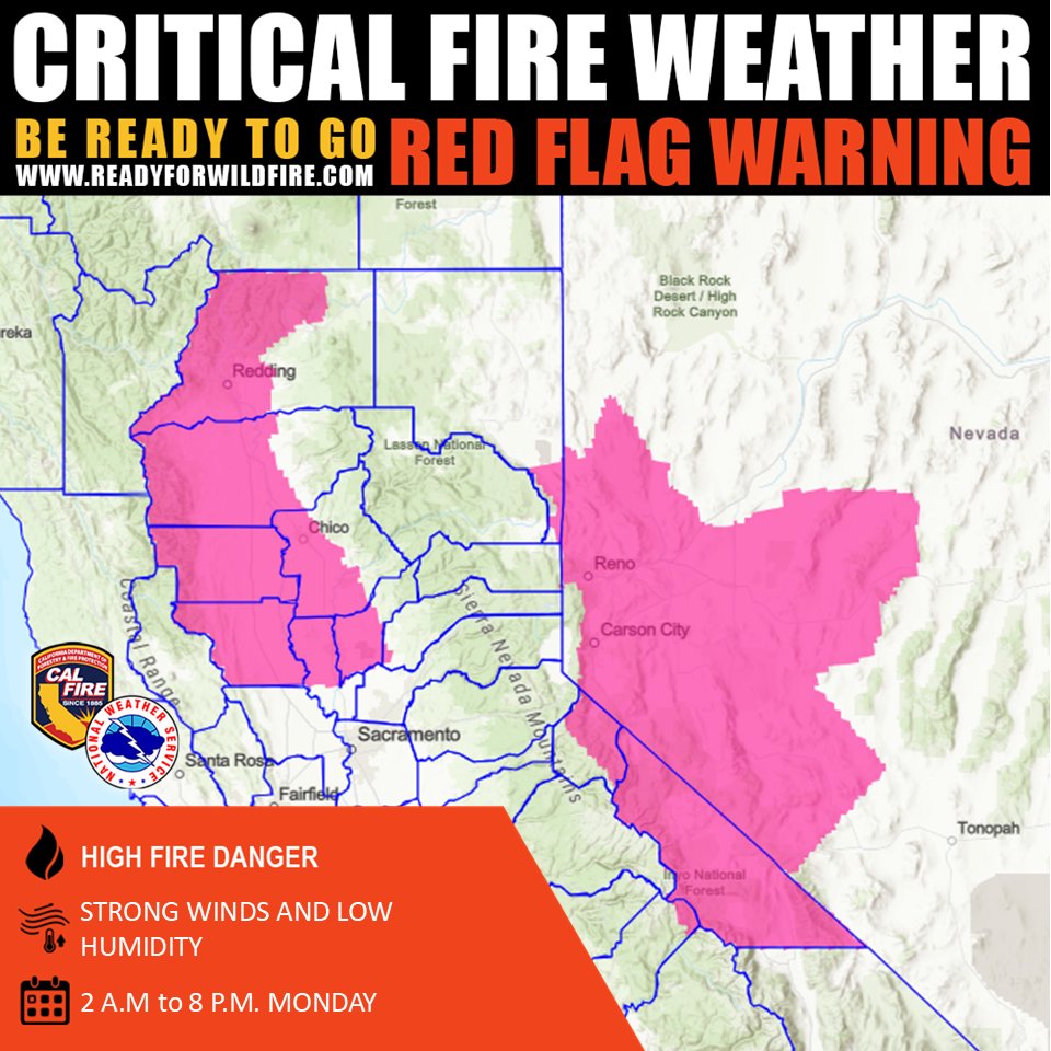 🚩 RED FLAG WARNING 🚩
The National Weather Service has issued a Red Flag Warning from 2 AM to 8 PM Monday for the Northern and Central Sacramento Valley and the adjacent Northern Coastal Range due to moderate to strong northerly winds and low relative humidity.
Use extreme