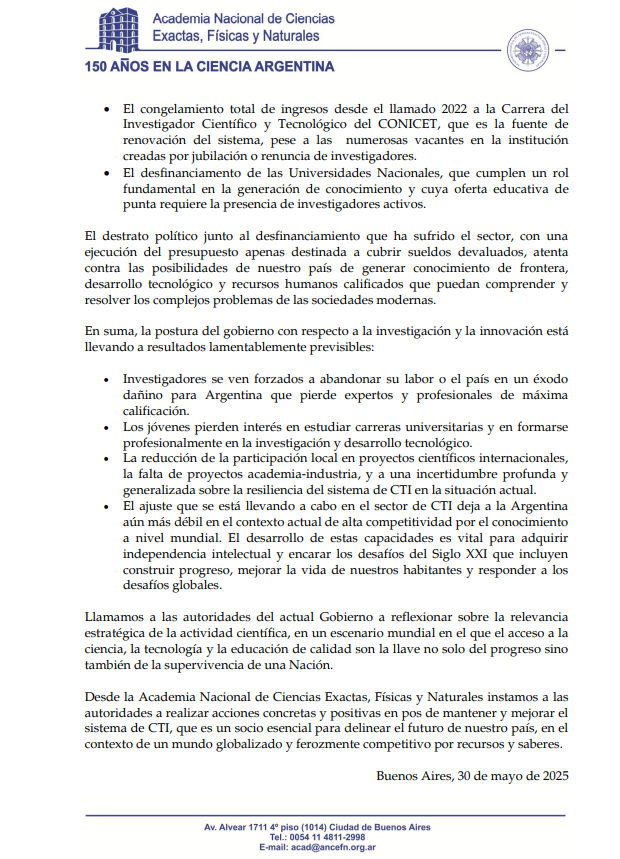 Declaración de la Academia Nacional de Ciencias Exactas, Física y Naturales.
