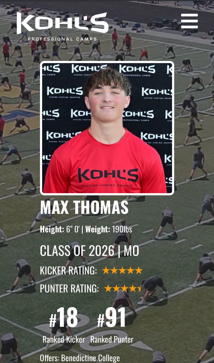 Max Thomas 4.5 ⭐️ (@maxthomaskick) on Twitter photo Had a great time at <a href="/KU_Football/">Kansas Football</a> specialist camp! Was great to see <a href="/CoachOnatolu/">Taiwo Onatolu</a> and coach <a href="/CoachDeWeen/">Kyle DeWeen</a> again. More to come and #RockChalk!!!
<a href="/SMAGuardianFB/">SMA Football</a> <a href="/SMAActivities/">SMA Activities</a> <a href="/KohlsKicking/">Kohl's Kicking Camps</a> <a href="/KohlsHighlights/">Kicking, Punting, Long Snapping Highlights</a> <a href="/A_Errthum17/">Austin Errthum</a> <a href="/CoachKever/">Coach Kever</a> <a href="/WOWKCfootball/">WOWKC</a> <a href="/JPRockMO/">JP Rock</a> <a href="/810varsity/">810 Varsity</a> Had a great time at <a href="/KU_Football/">Kansas Football</a> specialist camp! Was great to see <a href="/CoachOnatolu/">Taiwo Onatolu</a> and coach <a href="/CoachDeWeen/">Kyle DeWeen</a> again. More to come and #RockChalk!!!
<a href="/SMAGuardianFB/">SMA Football</a> <a href="/SMAActivities/">SMA Activities</a> <a href="/KohlsKicking/">Kohl's Kicking Camps</a> <a href="/KohlsHighlights/">Kicking, Punting, Long Snapping Highlights</a> <a href="/A_Errthum17/">Austin Errthum</a> <a href="/CoachKever/">Coach Kever</a> <a href="/WOWKCfootball/">WOWKC</a> <a href="/JPRockMO/">JP Rock</a> <a href="/810varsity/">810 Varsity</a>