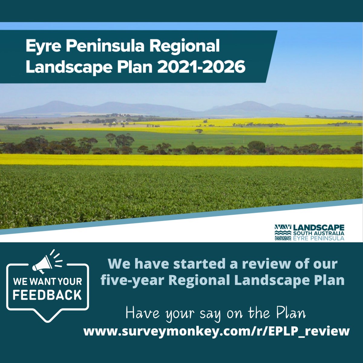 Eyre Peninsula Landscape Board (@eplandscapesa) on Twitter photo Every 5 years we review our EP Regional Landscape Plan which guides our priorities & focus areas. 
We have taken the first step in reviewing our 2021-26 plan and invite stakeholders to give feedback on the plan & how you have (or haven’t) used it 📲surveymonkey.com/r/EPLP_review Every 5 years we review our EP Regional Landscape Plan which guides our priorities & focus areas. 
We have taken the first step in reviewing our 2021-26 plan and invite stakeholders to give feedback on the plan & how you have (or haven’t) used it 📲surveymonkey.com/r/EPLP_review
