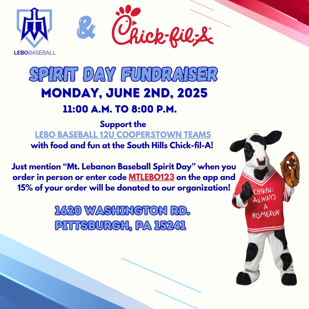PLEASE SUPPORT! Monday, June 2nd- 12U Cooperstown Chick-fil-A Spirit Day @ South Hills Location -- USE CODE MTLEBO123